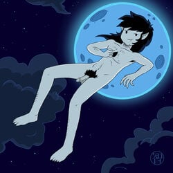 1boy adventure_time armpit_hair bite_mark black_eyes chest_hair cloud coldfusion floating grey_skin male male_only marshall_lee moon night nonsexual_nudity nude penis pointy_ears pubic_hair sky solo vampire