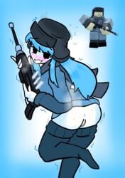 1girls anus ass blue_clothing blue_hair blue_socks blue_sweater blush blushing_at_viewer clothed clothing cute female female_only freezer_(tower_blitz) hat holding_weapon horny horny_female long_hair long_sleeves looking_at_viewer mostly_clothed motion_lines no_panties no_pants open_mouth pussy reference_image roblox roblox_game robloxian scarf solo standing sweat thighhighs thighs third-party_edit tomgeneviere tower_blitz ushanka weapon