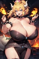 ai_generated angry angry_face bare_legs big_woman bigger_female blonde_hair blue_eyes bowsette breasts_bigger_than_head crown dragon_tail gigantic_breasts huge_breasts mario_(series) massive_breasts milkersenjoyer new_super_mario_bros._u_deluxe nipples_visible_through_clothing ponytail sharp_teeth thick_thighs thighs