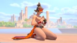 1girls beach blender blender_eevee blizzard_entertainment brown_hair dzooworks green_eyes highres kiriko_(overwatch) lifeguard_kiriko overwatch overwatch_2 pale-skinned_female partially_clothed public public_nudity skinny small_breasts thick_ass thick_thighs video_games watermark