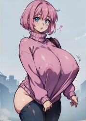 1girls ai_generated blue_eyes blush bottomless breasts breasts_bigger_than_head covered_nipples exposed_ass female female_only gigantic_breasts heart heart huge_breasts jiggle looking_at_viewer nipple_bulge opal_(tampopo) parted_lips pink_hair pink_sweater pulling_clothing pulling_down_shirt short_hair simple_background solo solo_female stable_diffusion sweater tampopo thighhighs turtleneck