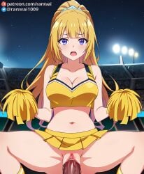 ai_generated anime blonde_hair cheerleader cheerleader_outfit classroom_of_the_elite cowgirl_position karuizawa_kei large_breasts purple_hair ranwai sex stable_diffusion vaginal_penetration vaginal_sex youkoso_jitsuryoku_shijou_shugi_no_kyoushitsu_e