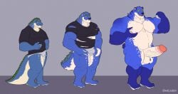 2021 absurd_res anthro balls bear black_clothing black_shirt black_topwear blue_body blue_fur blue_scales bulge clothing countershading crocodile crocodilian crocodylid digital_media_(artwork) fur genital_growth genitals glans green_spikes growth half-erect hi_res humanoid_genitalia humanoid_penis hybrid male mammal melaisen musclegut muscular muscular_anthro muscular_male nude orange_glans penis penis_growth reptile scales scalie shirt solo species_transformation standing tan_balls tan_body tan_countershading tan_fur tan_penis topwear torn_clothing torn_shirt torn_topwear transformation transformation_sequence vein veiny_penis