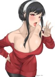 1girls big_breasts blush byeon_dha cleavage fellatio_gesture female female_only hand_gesture light-skinned_female light_skin red_dress red_eyes solo spy_x_family sweat twitter_username wet yor_briar yor_forger