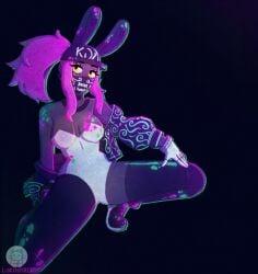 akali bunny_ears bunnysuit cap choker cleavage face_mask gloves jacket lakashb12 long_hair mask medium_breasts neon_lights open_jacket paint pink_hair riot_games simple_background small_waist thighhighs white_bunnysuit white_clothing white_gloves wide_hips yellow_eyes