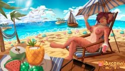 5_fingers anthro arcanelynx avian beach beach_chair beverage biped bird boat body_hair breasts chair chest_fur chest_hair chest_tuft claws coconut coconut_drink container cup day detailed_background digital_drawing_(artwork) digital_media_(artwork) digitigrade drinking_glass drupe_(fruit) eyewear feet felid feline female fingers fluffy fluffy_ears fluffy_hair fluffy_neck_fur fluffy_tail food fruit fur furniture glass glass_container glass_cup grape green_eyes gull hair hammock holding_object island karma_(wired1493) lari larid looking_at_viewer lynx lynx_arcane mammal melon multicolored_body multicolored_fur nipples nude nude_female outside palm_tree pink_body pink_fur pink_hair pink_nose plant plate sand sea seaside sitting sky smile solo sun sunglasses tail tail_tuft teeth toes tree tuft umbrella vehicle water watercraft watermelon watermelon_slice