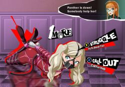 ann_takamaki bondage bound bound_hands cant1ndausername clothing english_text female female_only femsub fully_clothed gag harness_gag hogtie human pale_skin persona persona_5 phantom_thief_suit rope sakura_futaba shiny_clothes tape taped_hands text tight_clothing