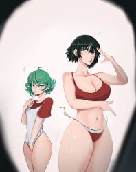 2girls asian asian_female big_breasts busty cleavage dark_green_hair fubuki_(one-punch_man) green_eyes green_hair hehevich large_shirt light-skinned_female light_green_hair light_skin one-punch_man shirt shirt_tug sisters size_difference sketch tatsumaki thick_thighs