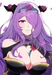 1girls alternate_costume armor black_armor breasts camilla_(fire_emblem) camilla_(resplendent)_(fire_emblem) cleavage fake_horns female female_only fire_emblem fire_emblem_fates fire_emblem_heroes gmais2514 hair_over_one_eye highres horns large_breasts nintendo official_alternate_costume purple_eyes purple_hair solo wavy_hair