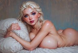 ai_generated alternate_breast_size big_eyes blonde blue_eyes bowsette_lov braid busty disney disney_princess earrings elsa_(frozen) frozen_(film) fully_nude huge_ass huge_breasts hugging_pillow large_breasts laying_on_stomach looking_at_viewer makeup massive_breasts naked_female nude_female on_bed princess queen royalty solo squished_breasts widescreen