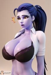 ai_generated big_breasts blizzard_entertainment bra cleavage clothing_aside galszip huge_breasts looking_down office_lady overwatch overwatch_2 purple_skin secretary shirt shocked surprised white_shirt widowmaker