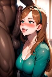 aged_up ai_generated big_balls big_penis big_testicles blowjob brown_hair clothed_female_nude_male cock_worship cum cum_on_breasts cum_on_face dark-skinned_male gravity_falls green_clothing interracial light-skinned_female mabel_pines medium_breasts muscular_male naughty_face veiny_penis