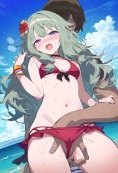 ai_generated beach beach_background bikini bikini_bottom bikini_top black_body blushing fingering_pussy fingers flower_in_hair forced forced_partners green_hair hetero_sex heterosexual kusanagi_nene mlw moaning npc npc_sex project_sekai purple_eyes red_bikini