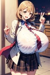 ai_generated brown_eyes brunette_hair gigantic_breasts huge_breasts large_breasts light-skinned_female light_skin looking_at_viewer massive_breasts milkersenjoyer narusawa_ryouka occultic;nine peace_sign short_hair smiling thick_female voluptuous voluptuous_female