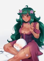 1boy 1girls blush brown_eyes dress female green_hair head_between_thighs head_crushing large_breasts male smile smiling snufkinmae thick_thighs thigh_grab thighs_bigger_than_head voluptuous