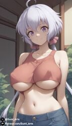 ai_generated covered_nipples crop_top_overhang gumi_arts jeans large_breasts long_hair looking_at_viewer low_twintails outdoors purple_eyes senki_zesshou_symphogear smile stable_diffusion underboob upper_body white_hair yukine_chris