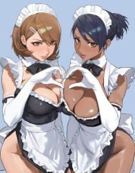 2busty2hide 2girls angry angry_face black_hair brown_hair dark-skinned_female dark_skin female_only hintobento light-skinned_female maid maid_headdress maid_outfit multiple_girls persona persona_3 persona_3_reload yukari_takeba yuko_nishiwaki