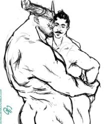 2boys anthro artist_name artist_website ass bara beard biceps black_and_white black_hair canon_couple closed_eyes colorless completely_nude couple cute dark_hair dorian_pavus dragon_age dragon_age_inquisition duo facial_hair gay gay_male horn horns human iron_bull kissing kissing looking_pleasured loving_couple mage male male/male male_only monochrome moustache moustache muscular muscular_male naked naked_male nude nude_male one_eye_closed pansexual_male pointy_ears qunari romantic romantic_couple scar scars size_difference smile smiling sorellaerba standing standing_position tied_hands video_games yaoi