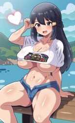 1girls :d akari_(pokemon) arm_support blush breasts cleavage commentary covered_nipples creatures_(company) crop_top curvy dark_eyes dark_hair dawn_(pokemon) denim denim_shorts game_freak hair_ornament heart hi_res huge_breasts lake long_hair looking_at_viewer matching_hair/eyes nature navel nintendo no_bra open_mouth outdoors panties pokemon pokemon_(game) pokemon_dppt pokemon_legends:_arceus relaxing revealing_clothes shiny_skin short_shorts shorts sidelocks sitting sky smile snowpowder198 solo spoken_heart striped_panties t-shirt thick_thighs unbuttoned underboob water