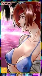 art_of_fighting beach bikini breasts brown_hair female headband jaestar king_of_fighters nipple_bulge snk solo yuri_sakazaki