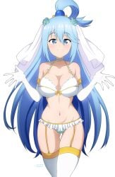 1girls absurdres aqua_(konosuba) aqua_panties artist_name audirenze blue_eyes blue_hair blush bra breasts bride cleavage closed_mouth collarbone cowboy_shot elbow_gloves frilled_bra frilled_panties frills garter_straps gloves kono_subarashii_sekai_ni_shukufuku_wo! large_breasts lingerie long_hair looking_at_viewer navel panties simple_background single_hair_ring smile solo standing thighhighs underwear white_background white_bra white_gloves white_thighhighs yellow_garter_straps