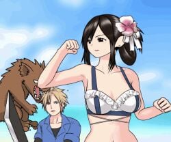 1boy 1girls animated big_breasts biting black_hair blonde_hair blood bouncing_breasts breast_awe breasts clothed cloud_strife final_fantasy final_fantasy_vii final_fantasy_vii_remake flower gif hadairo_rainbow hair_flower humor injury loop monster motion_lines navel oblivious outdoors punch red_eyes short_loop square_enix swimsuit sword tied_hair tifa_lockhart