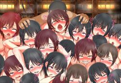 1boy ahe_gao ambiguous_penetration femsub from_behind furitendou group_sex harem maledom multiple_girls schoolgirl stacked