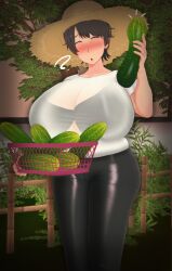 1girls 3d :o ? big_breasts black_bra black_underwear blush bra breasts brown_hair closed_eyes cucumber female food hat hi_res high_resolution highres holding_food jewelry looking_at_foot married_woman mature mature_female milf nature open_mouth original outside ring see-through see-through_clothing sweat sweatdrop tree underwear vyrus_smith wedding_ring wet yaeko_tanaka_(vyrus_smith)