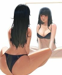 back_view big_ass big_breasts black_hair bob_cut bra crossed_legs leaning_forward lingerie lingerie_only long_hair looking_at_mirror mirror osaragi_(sakamoto_days) panties pplord sakamoto_days sitting sitting_on_floor slim_waist thick_thighs underwear wide_hips