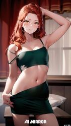 ai_generated crop_top green_clothing looking_at_viewer red_hair skirt