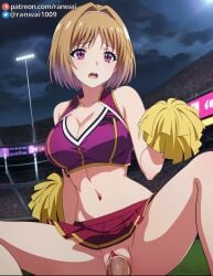 ai_generated anime blonde_hair cheerleader cheerleader_outfit classroom_of_the_elite cowgirl_position kushida_kikyou large_breasts purple_eyes ranwai sex stable_diffusion youkoso_jitsuryoku_shijou_shugi_no_kyoushitsu_e