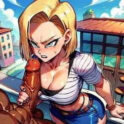 1girls ai_generated android_18 blonde blonde_female blonde_hair blonde_hair_female blue_eyes blue_eyes_female cameltoe cleavage curvy dark-skinned_male dragon_ball erect_nipples female huge_areolae huge_ass huge_breasts nai_diffusion puffy_nipples short_hair short_hair_female splashthomson stable_diffusion thick_lips voluptuous wide_hips yellow_hair