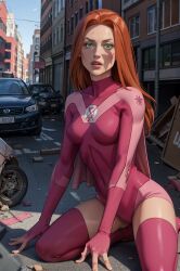 1girls ai_generated atom_eve bandisai defeated_heroine female_only green_eyes image_comics injured invincible invincible_(tv_series) kneeling pink_bodysuit red_hair samantha_eve_wilkins stable_diffusion superheroine