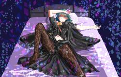 1girls absurdres blue_eyes blue_hair bodice breasts bustier byleth_(female)_(fire_emblem) byleth_(fire_emblem) cape closed_mouth clothing_cutout female female_only fire_emblem fire_emblem:_three_houses hair_between_eyes hand_on_own_face highres large_breasts leggings legs_apart long_hair looking_at_viewer lying medium_hair navel navel_cutout nijiteru nintendo on_back on_bed pantyhose pantyhose_under_shorts patterned_legwear pillow print_pantyhose shorts solo