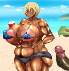 1boy 1girls abs alternate_version_available areola_slip bare_shoulders beach big_breasts bikini bikini_bottom bikini_top blonde_hair blush busty censored cleavage cup curvy dark-skinned_female dark-skinned_male dark_skin detailed_background duo ear_piercing earrings erect_nipple erect_nipples erection eyelashes female front_view heart holding_object hourglass_figure huge_cock human idolmaster idolmaster_shiny_colors interracial male money nipple_bulge open_mouth outdoor outside piercing pose posing pubes pubic_hair purple_eyes rinsu saijou_juri sand shiny shiny_skin short short_hair skimpy smegma standing straight sweat swimsuit tan tan_skin tanlines tanned thick_thighs underboob vein veins veiny veiny_penis voluptuous wide_hips yellow_hair