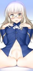 blush bottomless censored female glasses highres long_hair looking_at_viewer navel perrine_h_clostermann pussy small_breasts solo spread_legs suzume_inui