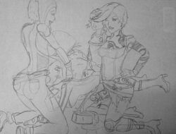 1girls blue_eyes blue_hair blue_lipstick bob_cut borderlands borderlands_2 deepthroat eyeshadow futanari head_grab intersex lilith_(borderlands) mad_moxxi maya_(borderlands) maya_the_siren medium_hair oral pale-skinned_female petite pronny silver_eyes siren_(borderlands) sketch skinny tattoo throat_bulge throat_fuck tiny_tina