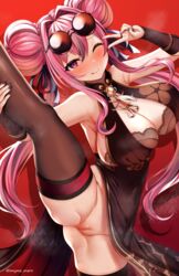 1girls alternate_costume azur_lane black_nails blush breasts bremerton_(azur_lane) bremerton_(kung_fu_cruiser)_(azur_lane) censored cleavage double_bun eyewear_on_head female female_only huge_breasts light-skinned_female light_skin marota_(imyme_maro) mosaic_censoring official_alternate_costume one_eye_closed pink_eye pussy solo sunglasses sunglasses_on_head tagme