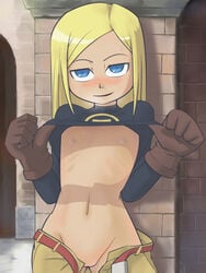 1girls 2d areolae arms_up bedroom_eyes belly belly_button belt black_shirt blonde_hair blue_eyes blush boots breasts breasts_out breath clothed clothes_lift clothing color come_hither crotch dc_comics female female_only flashing flashing_breasts flashing_pussy flat_chest footwear gloves half-closed_eyes handwear hot_breath human leather_gloves lifted_by_self long_hair looking_at_viewer looking_up narrowed_eyes naughty_face navel nipples on_model open_mouth open_pants open_smile pants_around_thighs pants_down pants_open plump_labia pouch presenting pussy ribs seductive seductive_look seductive_smile skinny small_breasts small_waist smile solo standing stomach superheroine sweat teen_titans teenager terra terra_(dc) thick_thighs unbuttoned unbuttoned_pants undone_belt usgishimura young