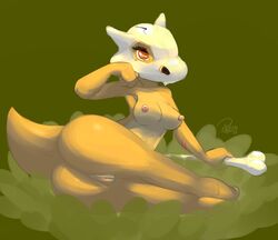 anthro ass barefoot bone breasts cubone elpatrixf female female_only holding nipples pokemon pokemon_(species) skull solo straight_hair tagme tail tan_skin