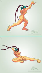 1girls 5_toes ass barefoot capcom covered_breasts demonalu feet female female_only human ibuki_(street_fighter) kicking ninja nude pose pussy signature solo street_fighter