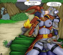 2girls animal armor blue_skin breasts_out bristle_(lol) dialogue english_dialogue female_only fingering flail from_behind garter grass headgear holding_hands humor kissing large_breasts league_of_legends lesbian multiple_girls outdoors panties_aside pussy_juice sejuani shyvana sitting_on_lap thighhighs tipodeincognito vambraces yuri