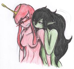 2girls adventure_time black_hair blush breasts color crown female female_only green_skin looking_at_partner marceline multiple_girls naked nipples nude pencil_crayon_(medium) pink_hair pink_skin pointed_ears princess_bubblegum yuri