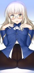 black_legwear blush female fully_clothed glasses highres long_hair looking_at_viewer navel no_panties pantyhose perrine_h_clostermann small_breasts solo spread_legs suzume_inui