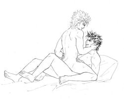 2boys battle_tendency caesar_zeppeli cowgirl_position gay jojo's_bizarre_adventure joseph_joestar komomo male male_only monochrome multiple_boys muscle muscles nude riding sex straddling tagme