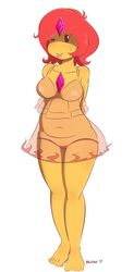 1girls :p adventure_time balooga barefoot breasts chubby female flame_princess forehead_jewel lingerie nipples panties red_hair see-through solo sweat thong tongue_out white_background wink yellow_skin