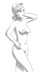 blonde_hair cing earrings hoop_earrings hotel_dusk iris_(hotel_dusk) kreschun monochrome nintendo nude posing sunglasses