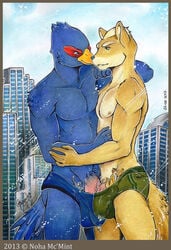 2013 2boys anthro ass beige_fur bird blue_feathers blue_underwear city city_background clothes color cum day falco_lombardi fox fox_mccloud fur furry furry_only gay green_eyes green_underwear grey_fur interspecies macro male male/male male_focus male_only micro multiple_males nintendo orange_fur outdoors pheasant size_difference star_fox tail topless underwear wolf wolf_o'donnell yaoi