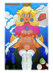 breasts color crown darkprincearmon female female_only front_view gloves human mario_(series) nintendo nipples piercing princess_peach sitting solo super_mario_bros. tagme traditional_media_(artwork) warp_pipe