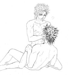 2boys battle_tendency caesar_zeppeli cowgirl_position gay jojo's_bizarre_adventure joseph_joestar komomo male male_only monochrome multiple_boys nude riding sex straddling tagme